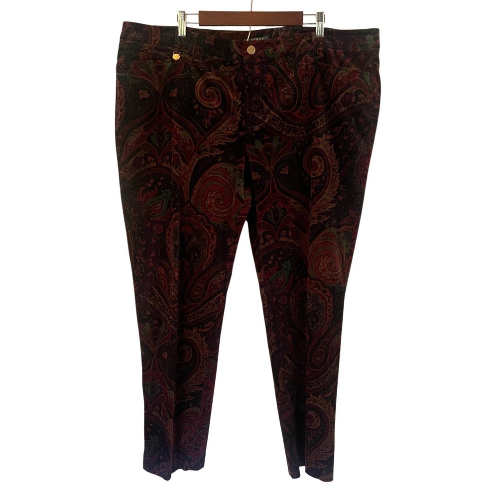 Lauren Ralph Lauren Womens 22W Paisley Pants Burgundy Gold Straight Leg